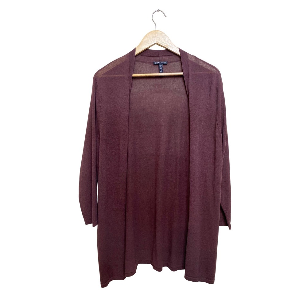 Eileen Fisher Plum Purple Open Front Cardigan Italian Yarn Knit XL